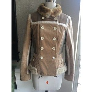 EUC LOUIS VUITTON Light Brown Corduroy Fur Trim Peacoat Jacket  38 / 6